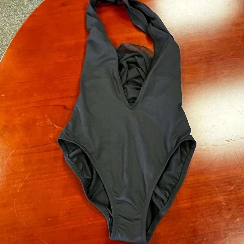 Ann Cole Black Deep V Front Mesh Back One piece Swim Suit sz 8 Like New